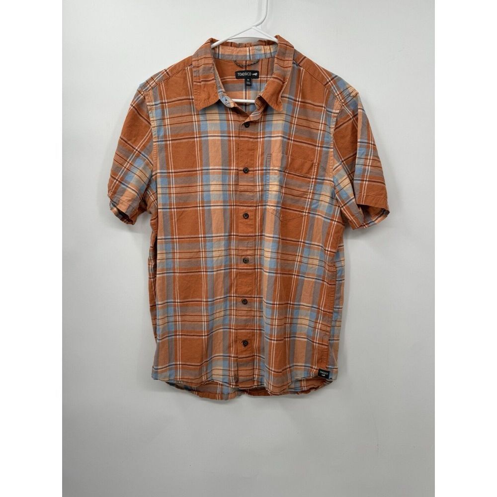Toad&Co‎ Medium Button Down  Mens Orange Blue Plaid Organic Cotton Short Sleeve